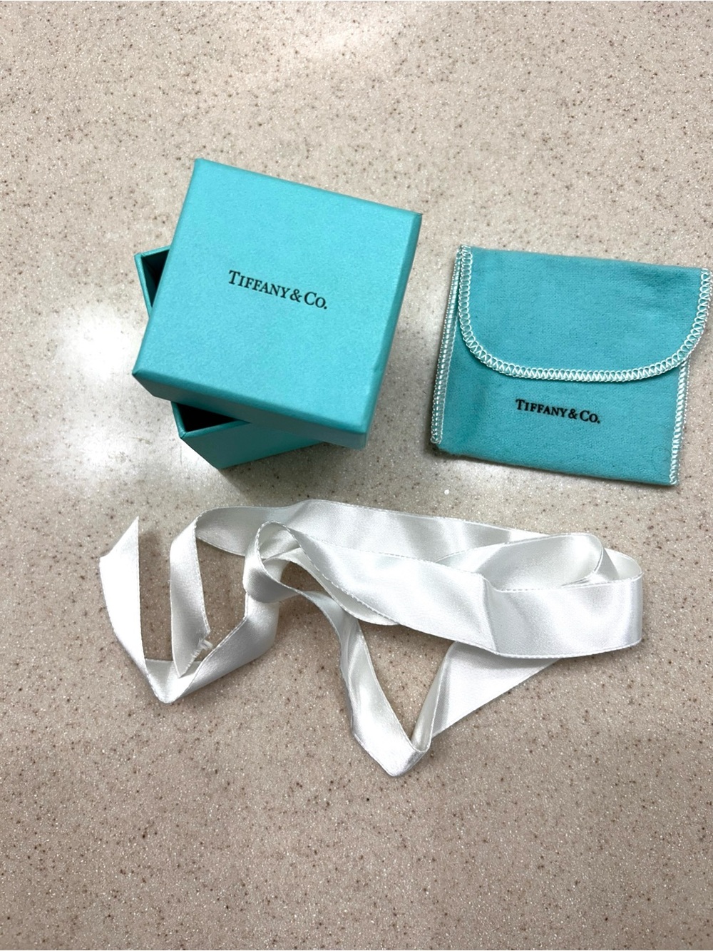 Tiffany & Co. Blue Jewelry Box with Pouch and White Ribbon